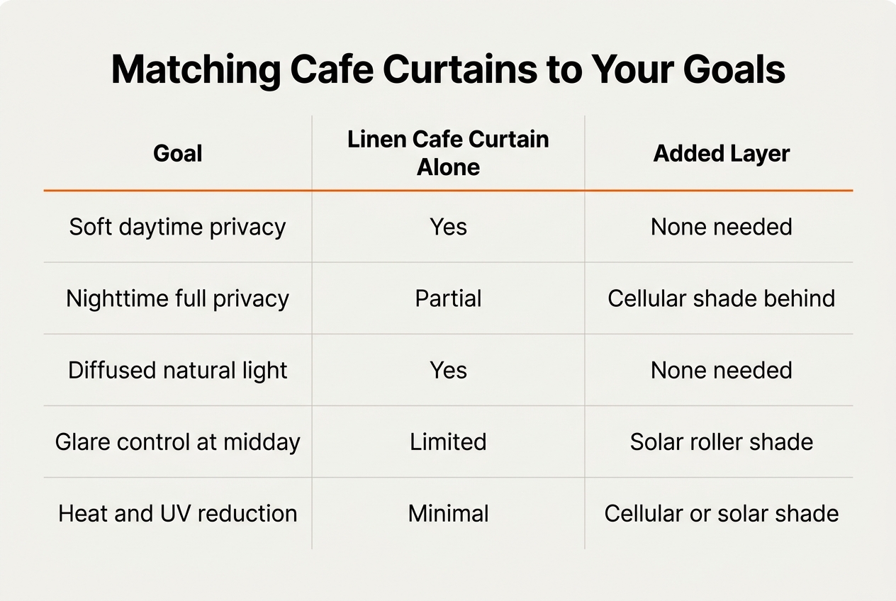Infographic: Comparison chart titled 'Matching Cafe Curtains to Your Goals'