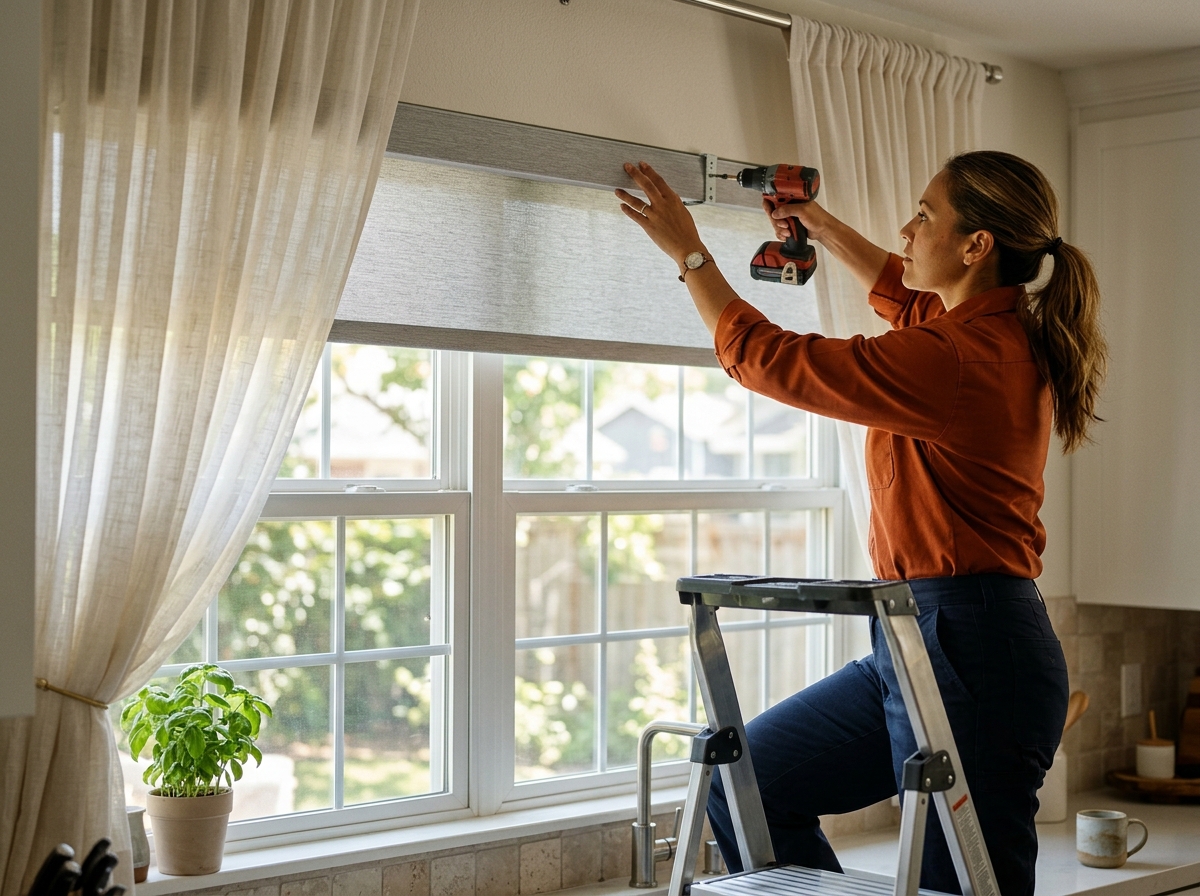 Installer mounting a solar roller shade above a kitchen window beneath sheer linen curtains