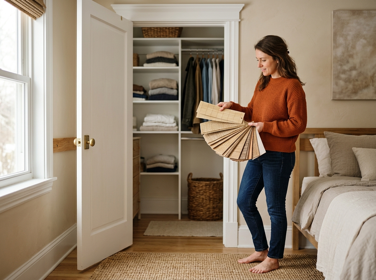 Homeowner browses woven wood shade swatches near a bedroom closet doorway in daylight