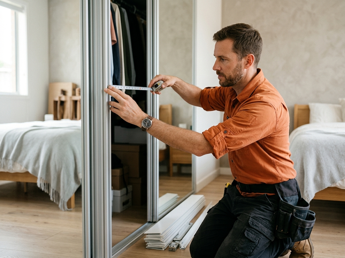 Installer measures a sliding glass closet door track before fitting vertical blinds panels