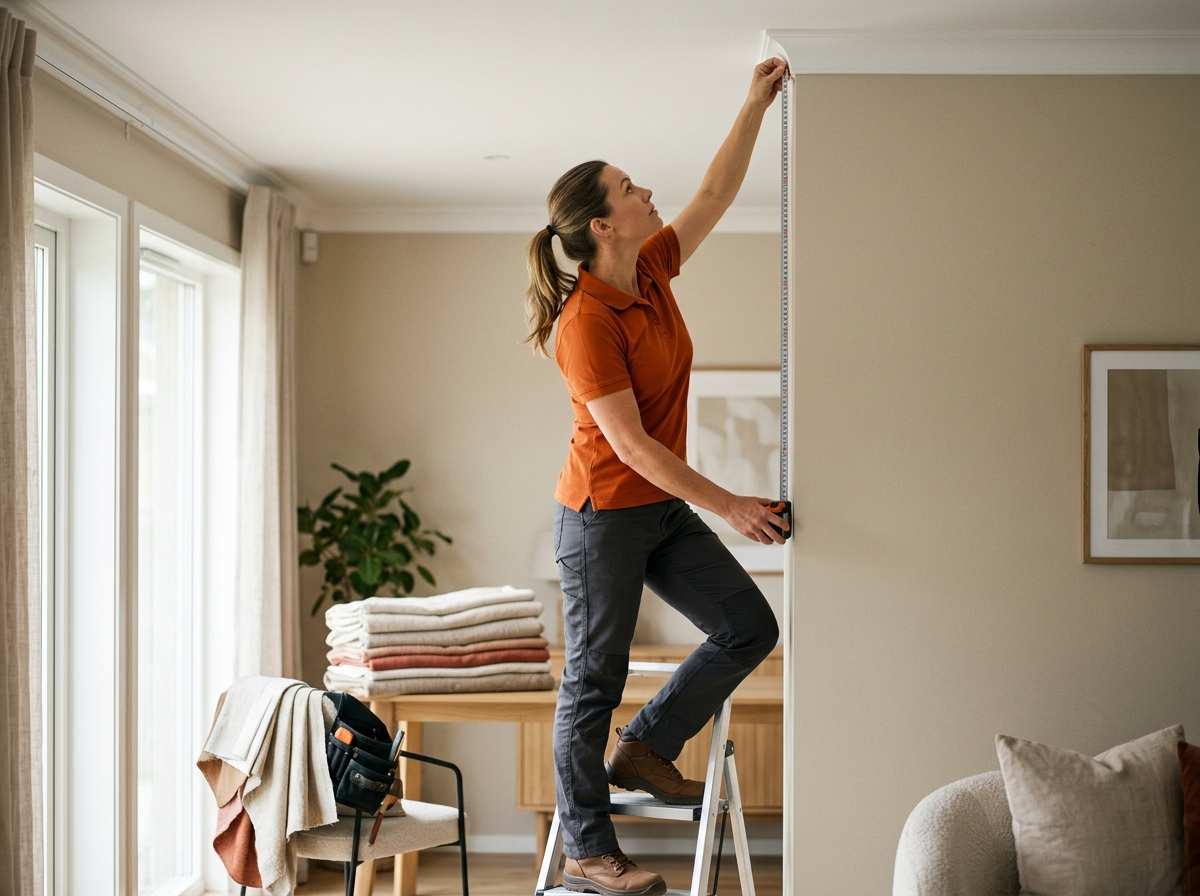 Installer measuring wall height from floor to ceiling before hanging custom drapery
