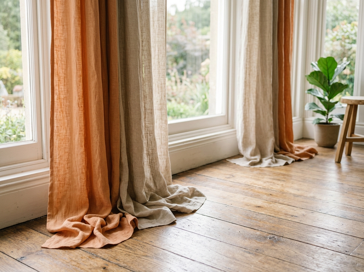 Soft drapery panels pooling gently onto hardwood floor beside bright window