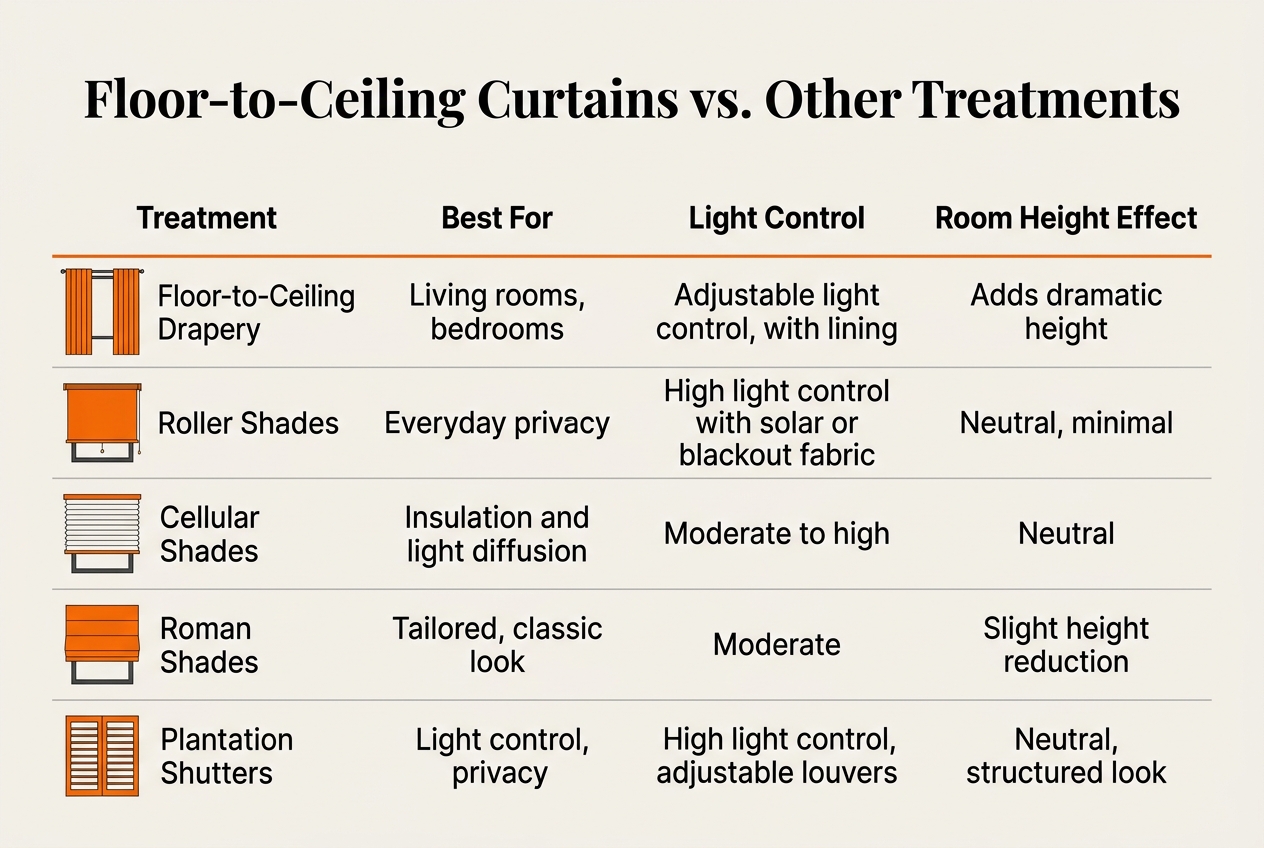 Infographic: Comparison table titled 'Floor-to-Ceiling Curtains vs