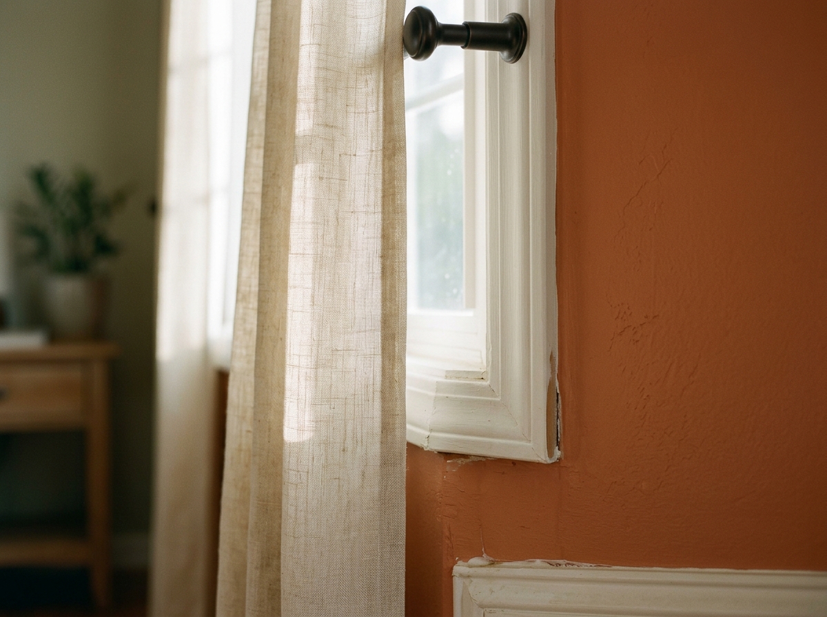 Close-up of angled window corner showing drapery panel gap and awkward wall junction