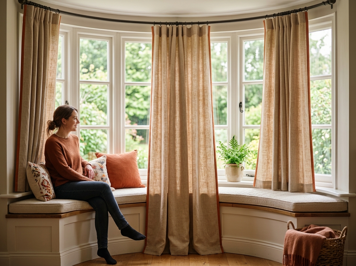Three separate drapery panels hung on curved bay window track above cushioned window seat