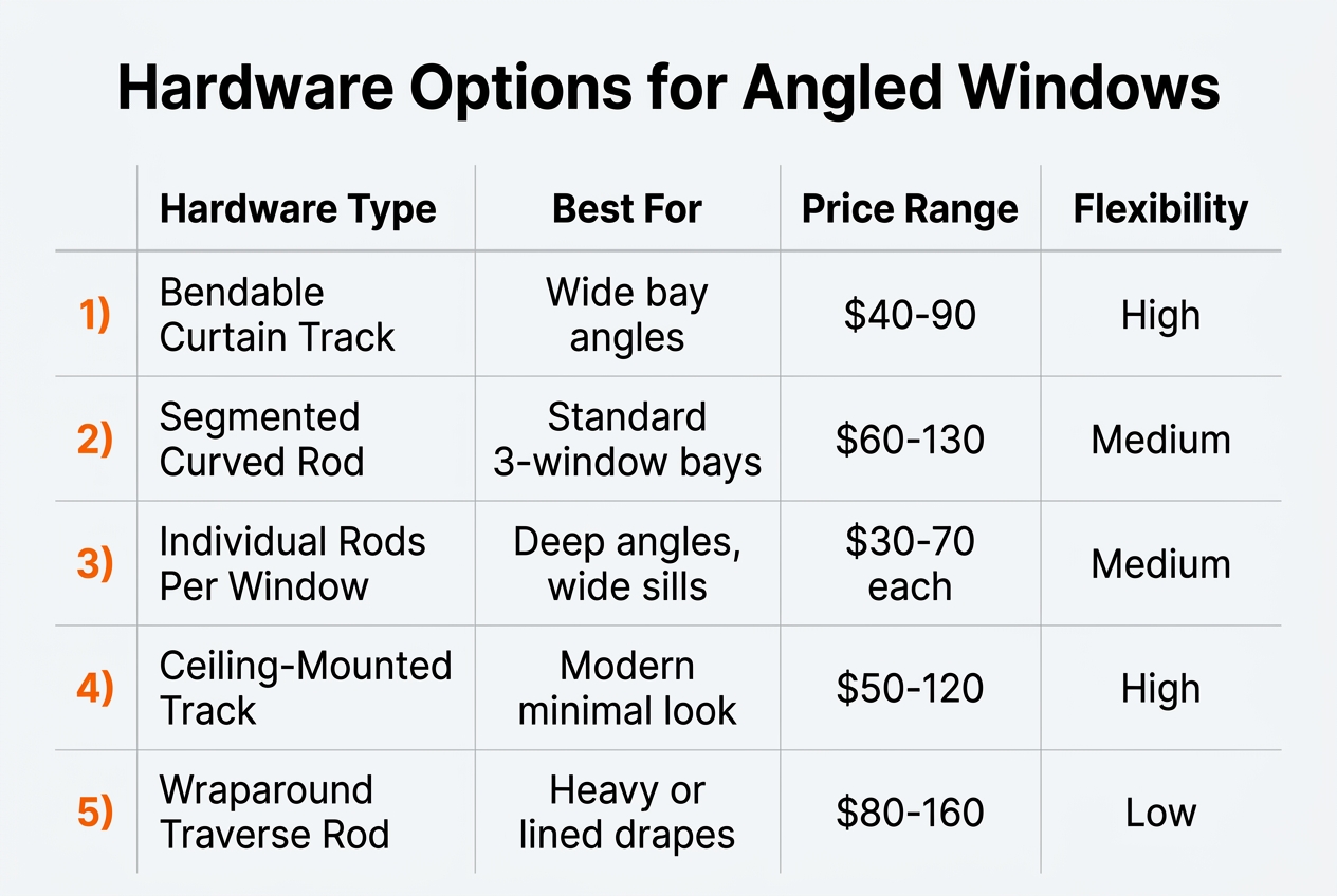 Infographic: Comparison table titled 'Hardware Options for Angled Windows'
