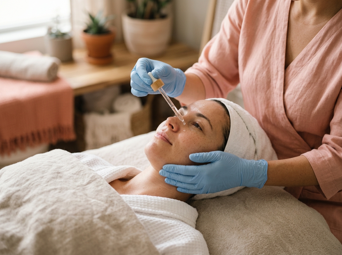 Close-up of esthetician's gloved hands applying botanical serum dropper onto client's clean skin