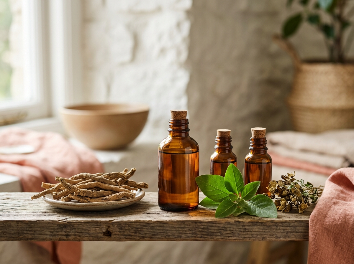Spa shelf displaying amber serum bottles beside dried ashwagandha root and green leaves