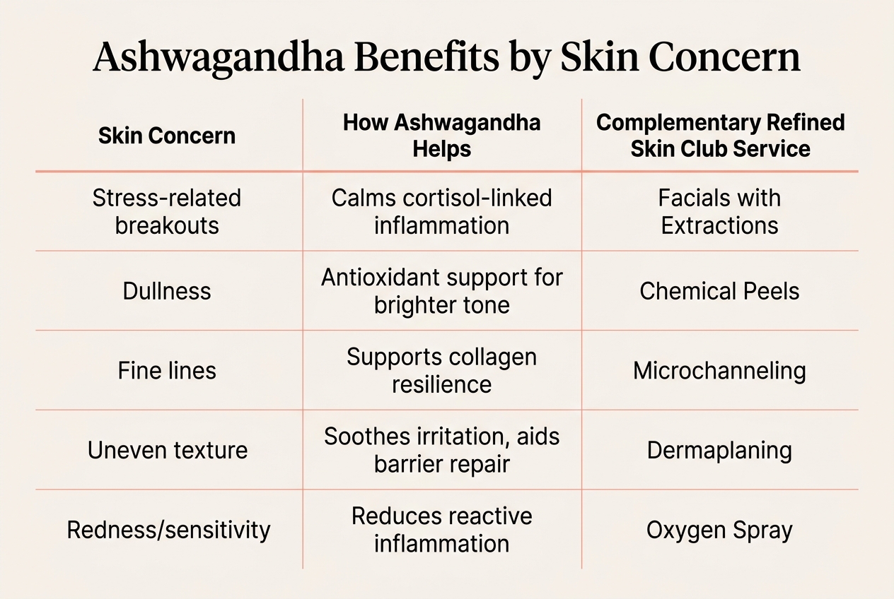 Infographic: Comparison table titled 'Ashwagandha Benefits by Skin Concern'