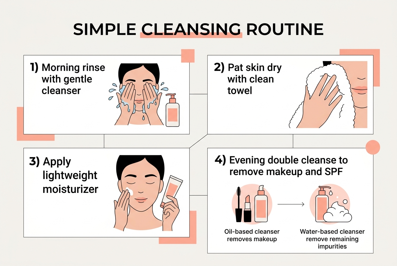 Infographic: A 4-step process flow titled Simple Cleansing Routine: 1) Morning rinse with gentle cleanser 2) Pat skin dry