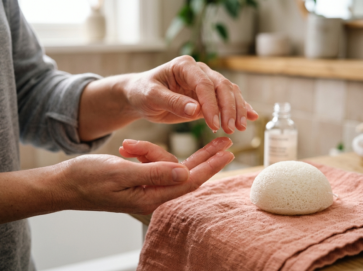 Close-up hands applying hydrating serum onto fingertips beside soft konjac exfoliating sponge