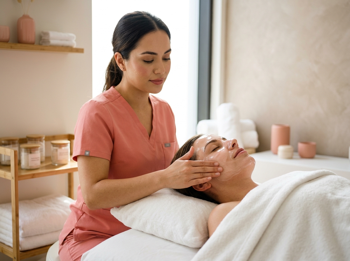 Esthetician massaging hydrating gel mask onto client's cheek during calming spa facial treatment