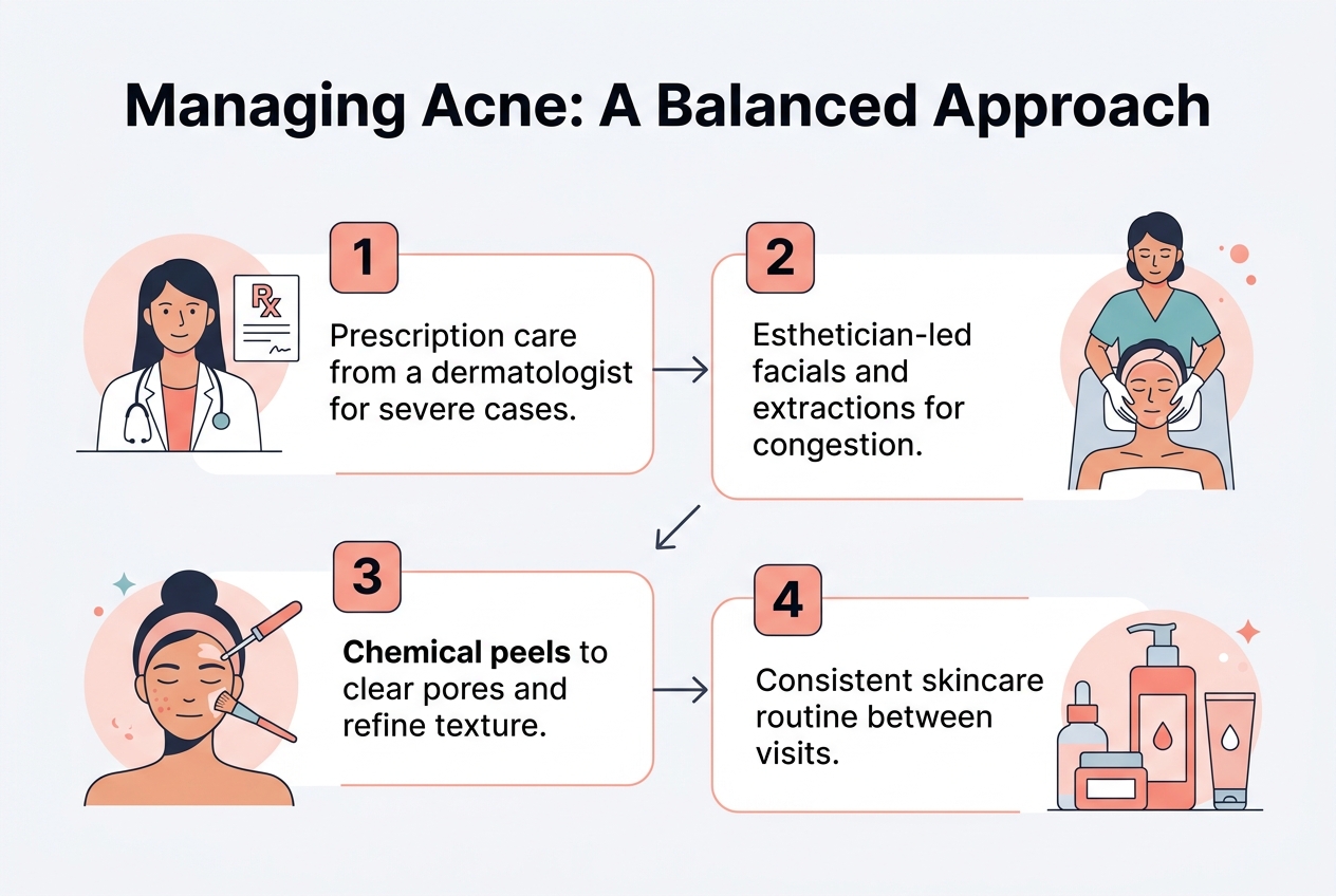 Infographic: 4-step chart titled 'Managing Acne: A Balanced Approach'