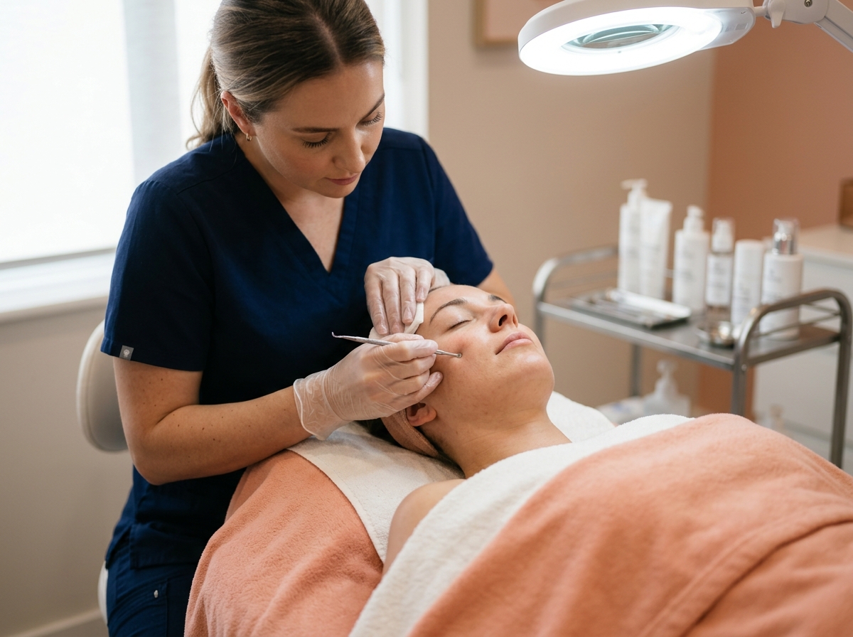 Gloved esthetician performs gentle facial extractions on client's cheek under clinic lighting