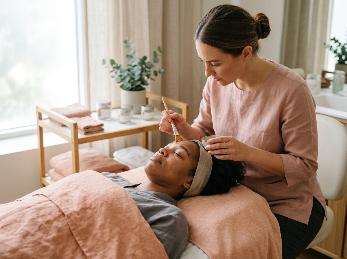 Esthetician applies chemical peel solution with brush to client's forehead in treatment room
