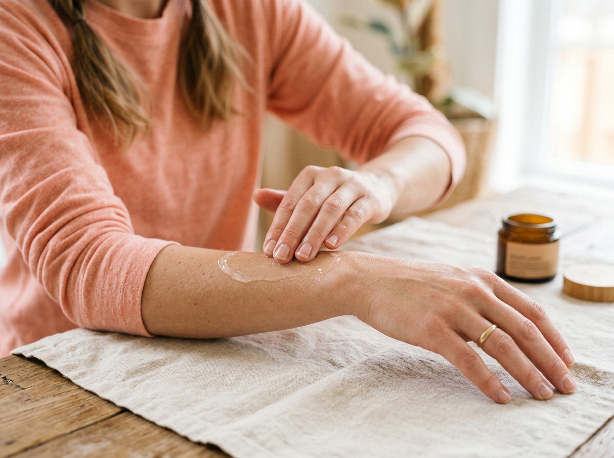 Close-up of woman's fingertips gently patting hydrating gel mask onto bare forearm