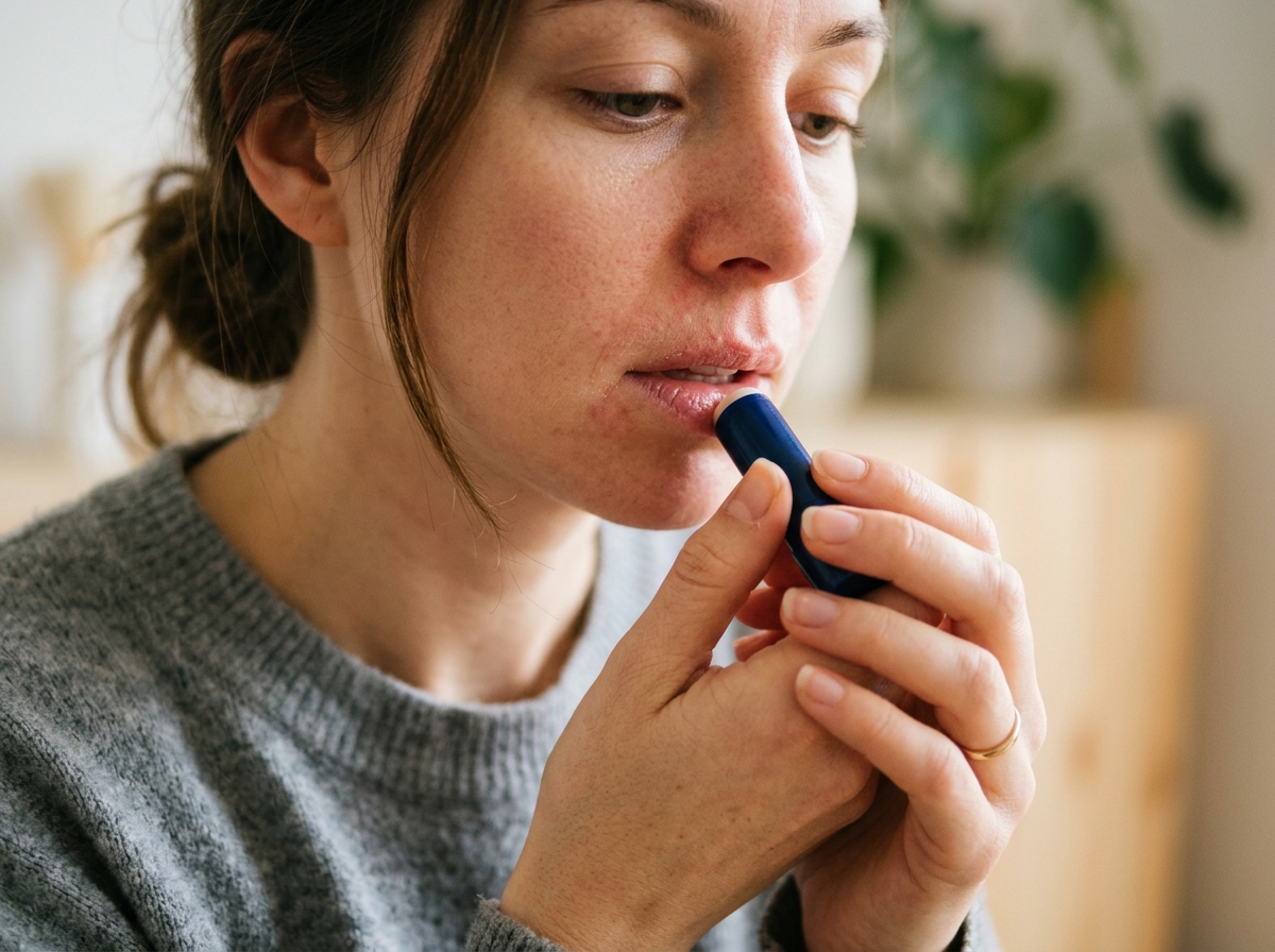 Woman's hands gently applying lip balm near mouth, mild redness visible on skin