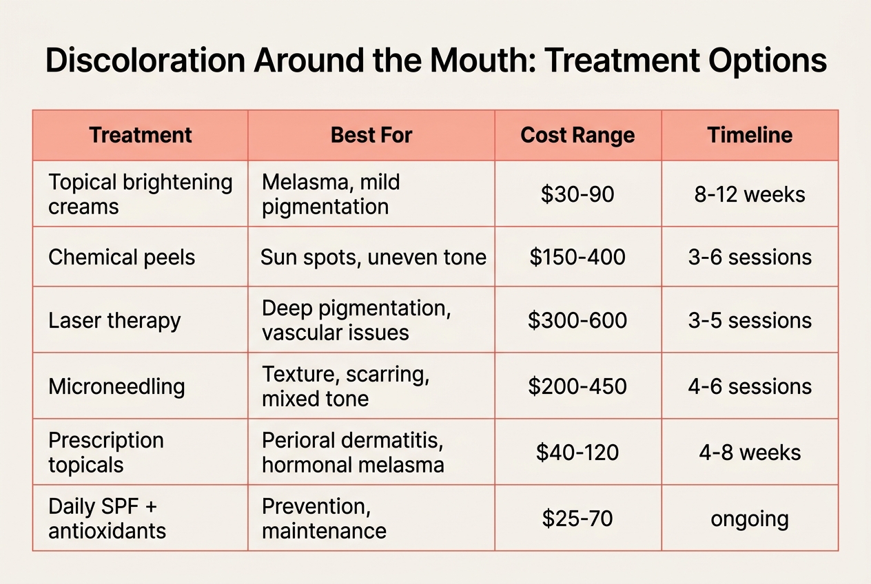 Infographic: Comparison table titled 'Discoloration Around the Mouth: Treatment Options'