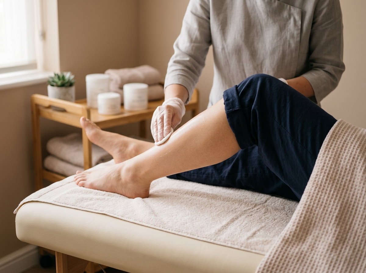 Close-up of smooth freshly waxed skin on a client's leg in treatment room