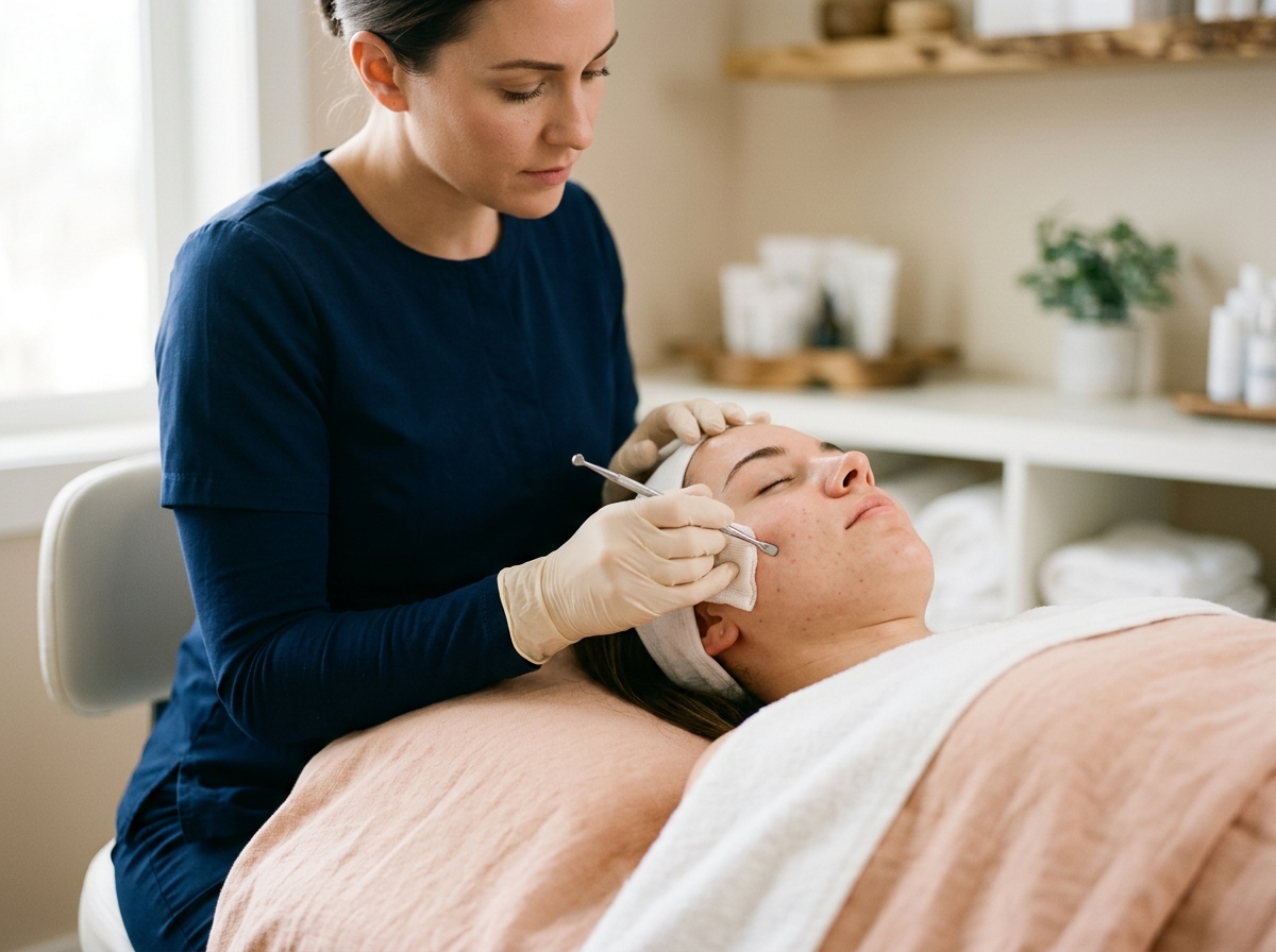 Gloved esthetician performs gentle facial extractions on client's cheek at spa