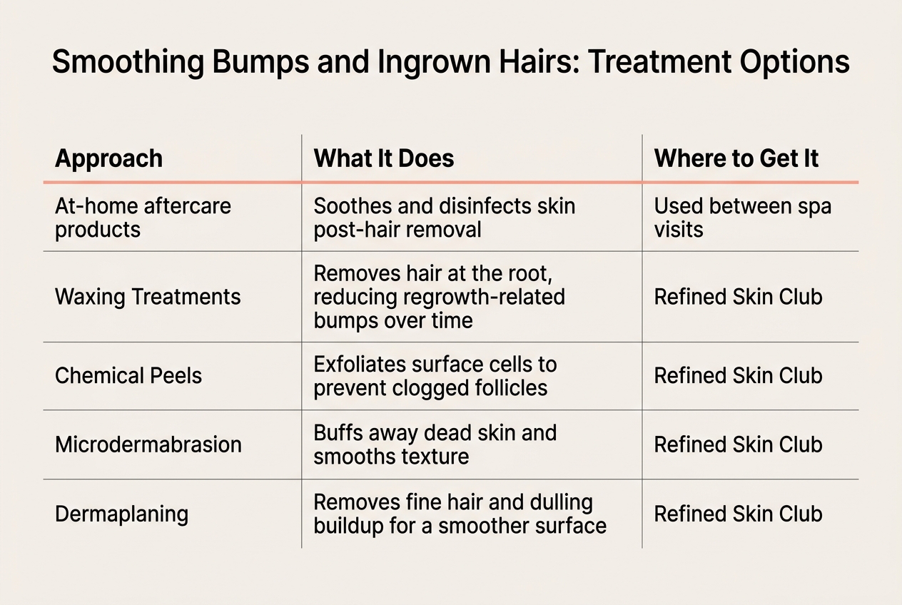 Infographic: Comparison table titled 'Smoothing Bumps and Ingrown Hairs: Treatment Options'