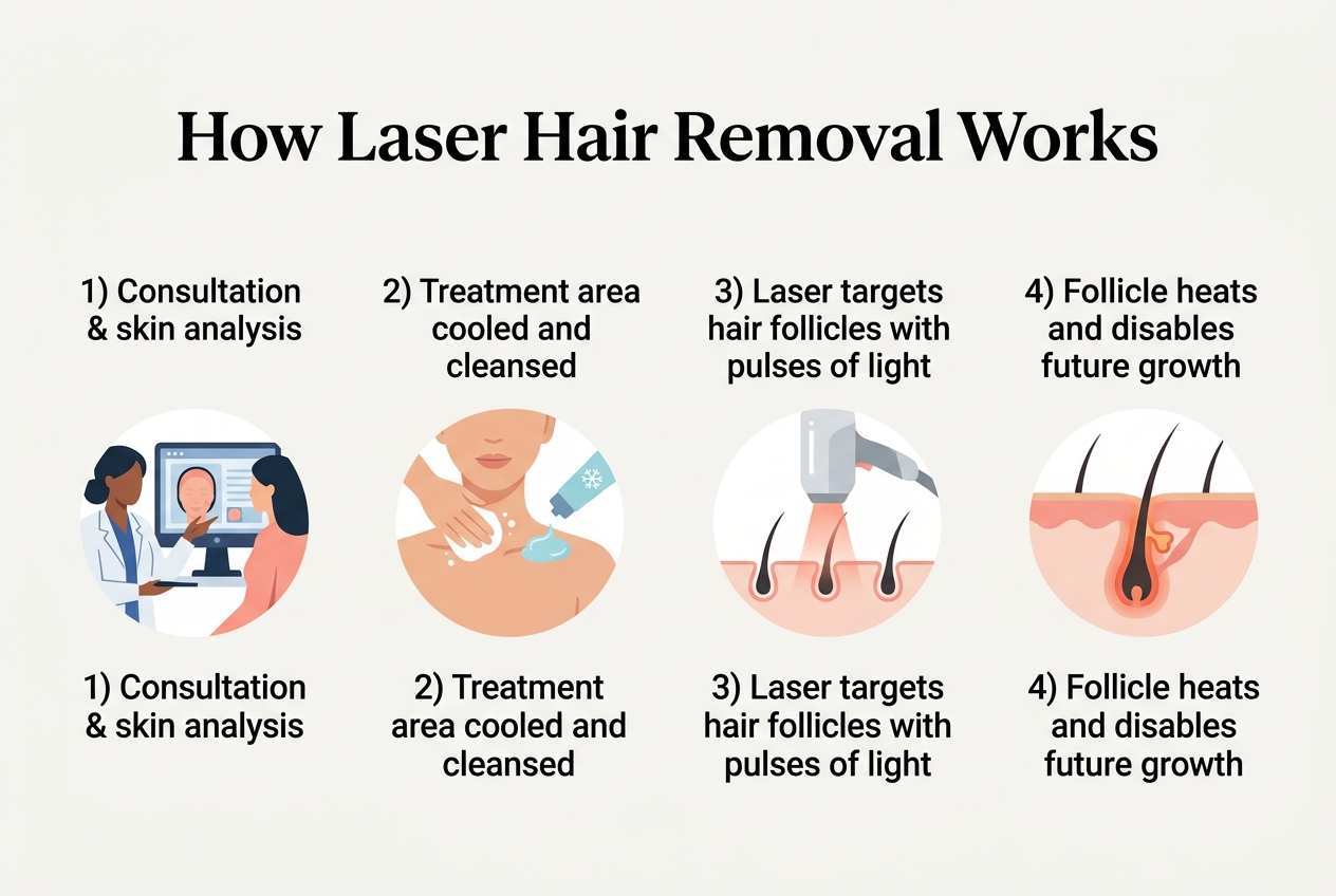 Infographic: 4-step process flow titled How Laser Hair Removal Works: 1) Consultation & skin analysis 2) Treatment area