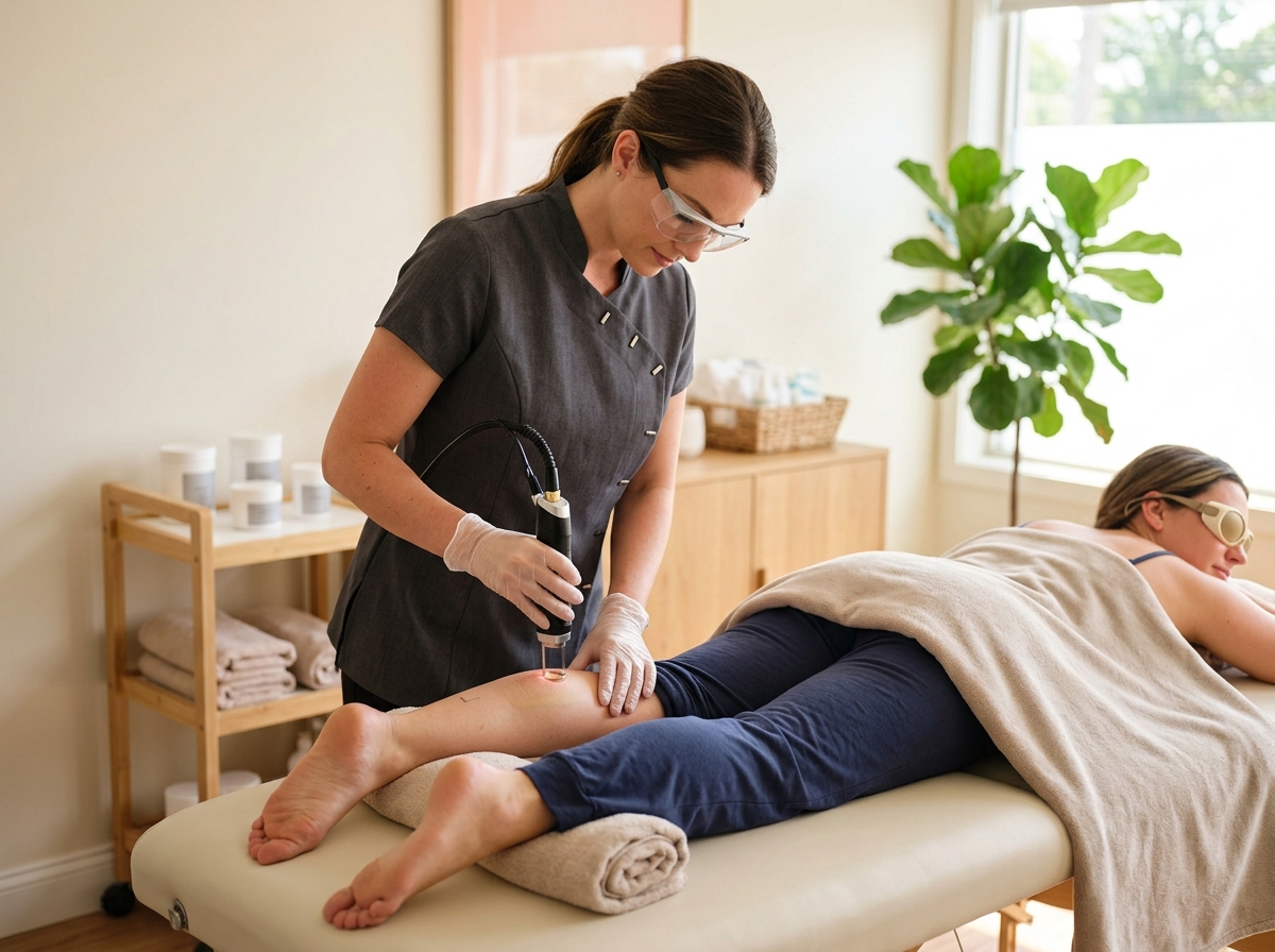 Technician holding laser device above client's bare lower leg on treatment table, protective goggles worn