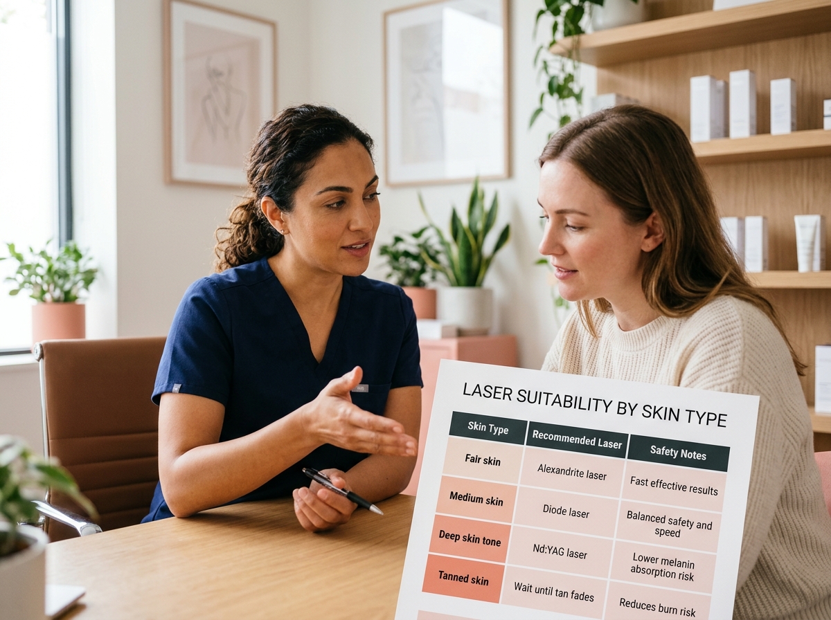 Comparison table titled Laser Suitability by Skin Type. Columns: Skin Type, Recommended Laser, Safety Notes. Rows: Fair skin