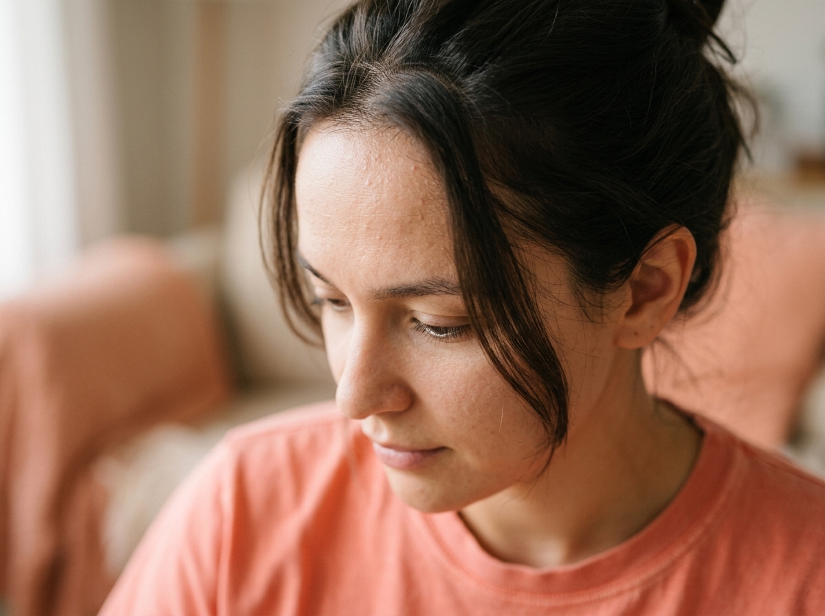 Close-up of a woman's forehead showing subtle bumpy texture near hairline in soft daylight