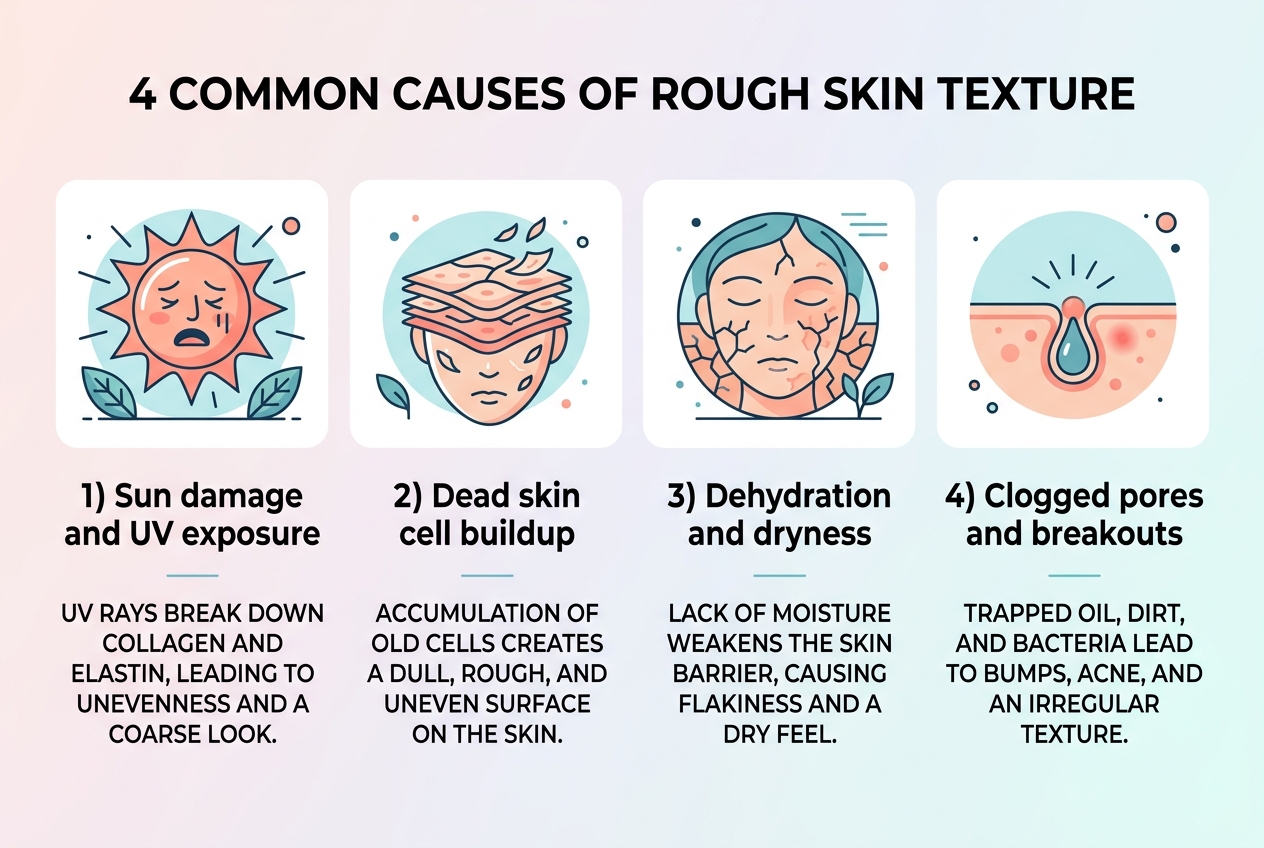 Infographic: 4 common causes of rough skin texture: 1) Sun damage and UV exposure 2) Dead skin cell buildup 3) Dehydration