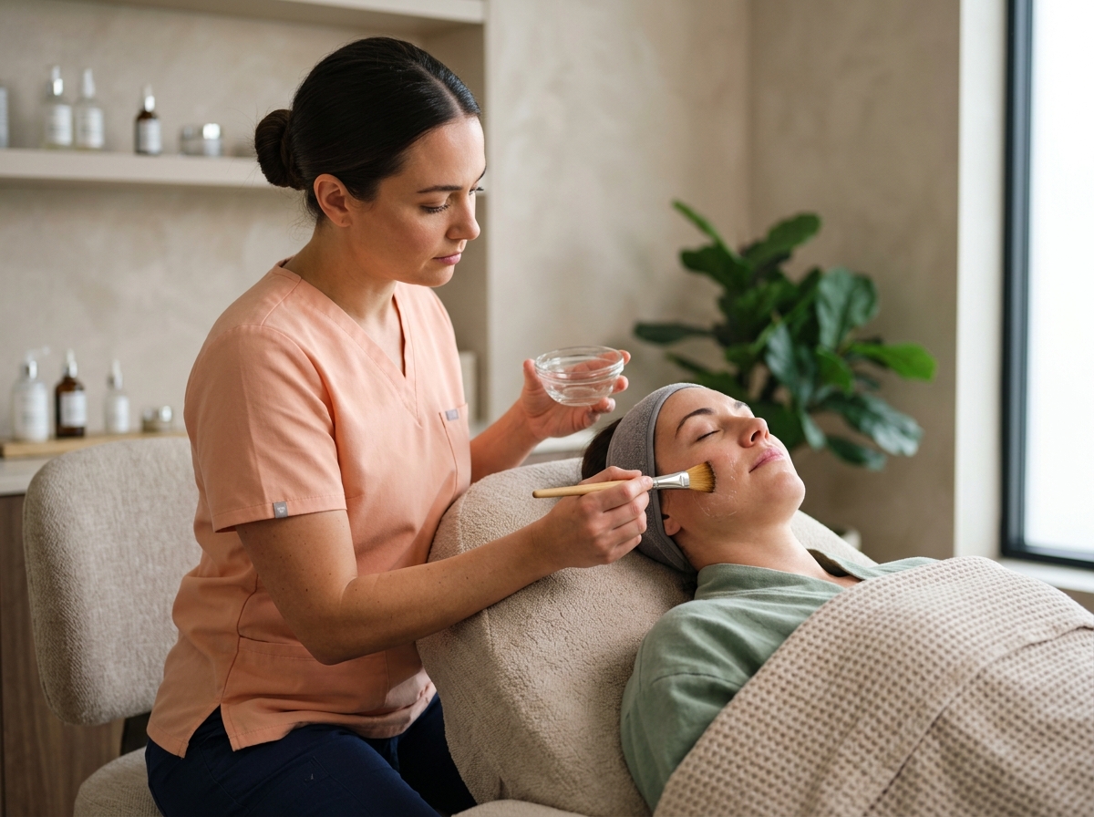 Esthetician applying chemical peel solution with brush to client's cheek in clinic treatment room