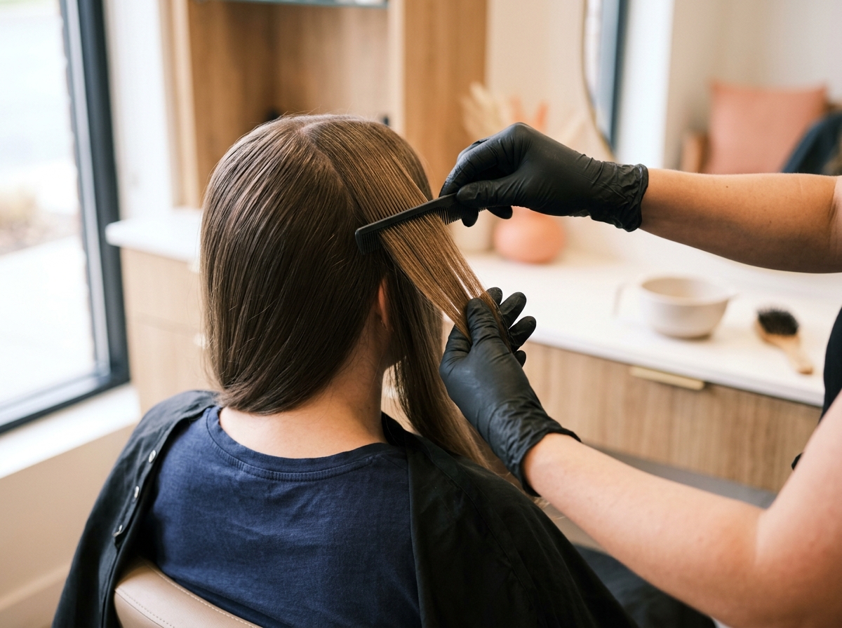 Close-up of gloved hands sectioning smooth hair strands at a clean spa styling station