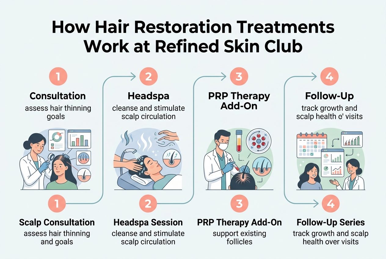 Infographic: 4-step process titled How Hair Restoration Treatments Work at Refined Skin Club