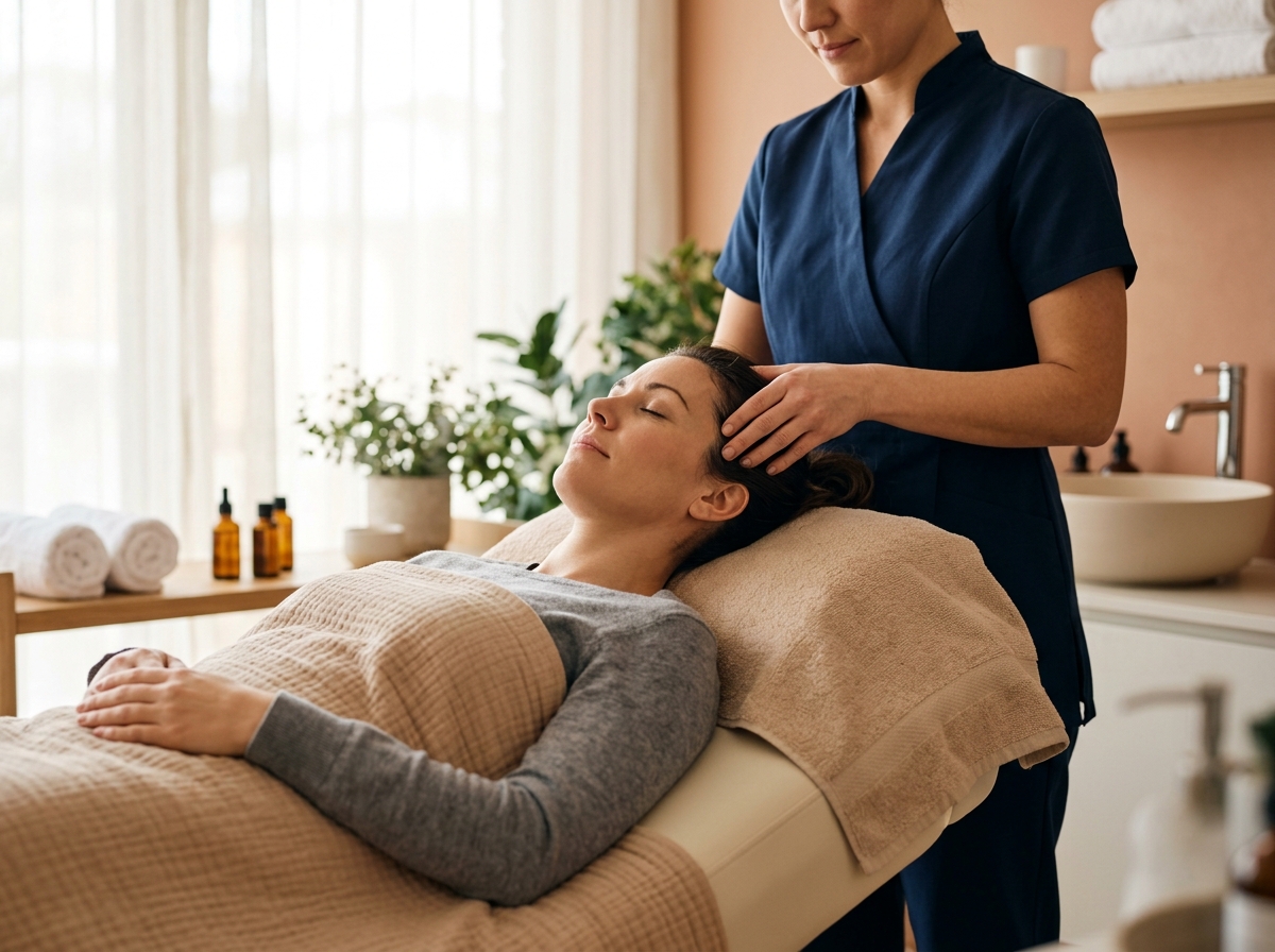 Relaxed client reclines during a soothing headspa scalp massage treatment at the clinic
