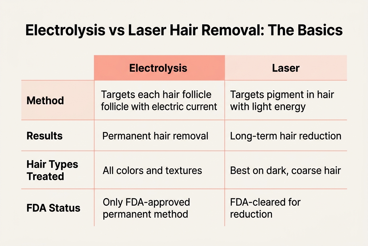 Infographic: Comparison table titled 'Electrolysis vs Laser Hair Removal: The Basics'