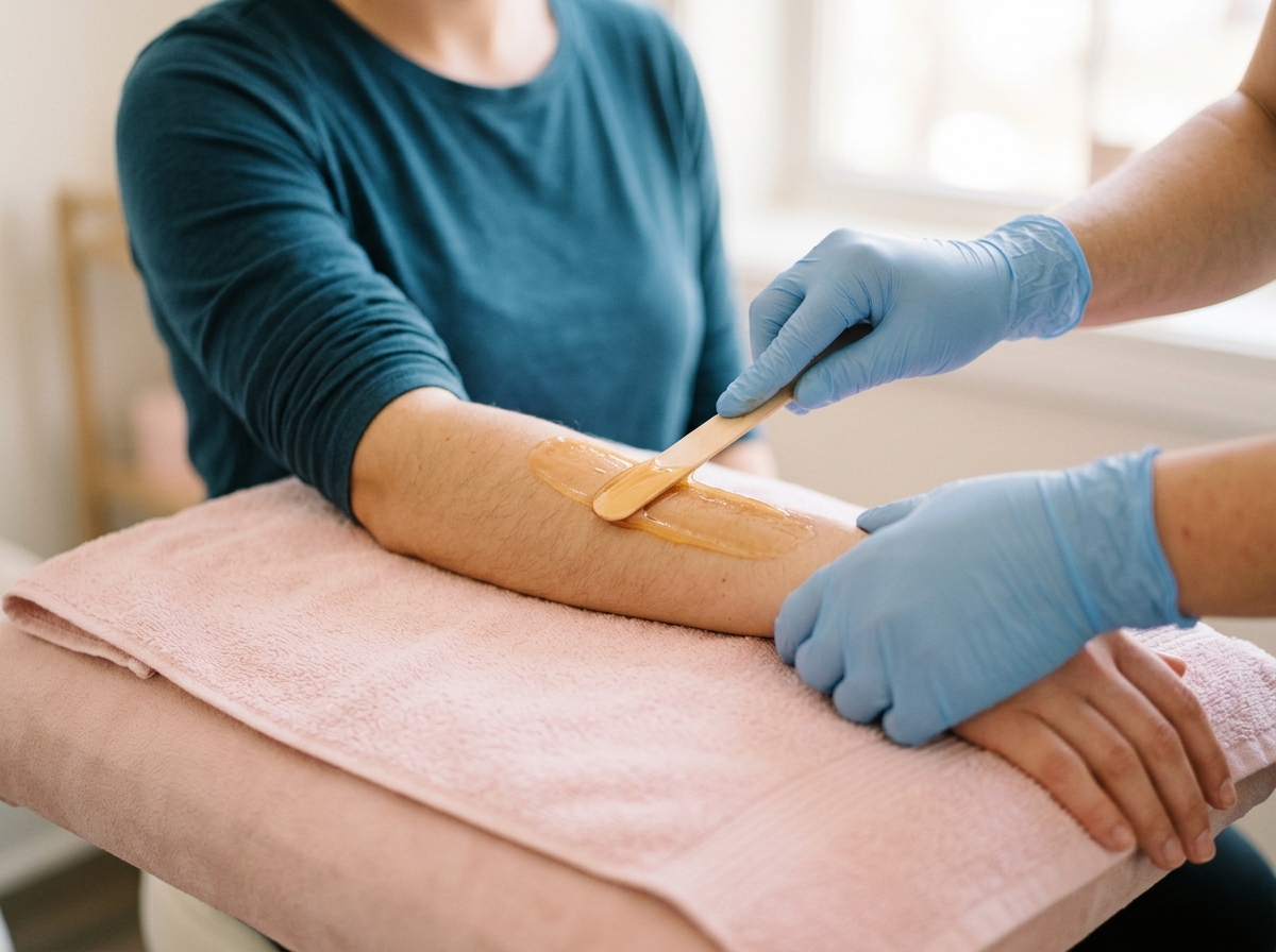 Close-up of gloved hands spreading soft wax with wooden spatula on client's forearm