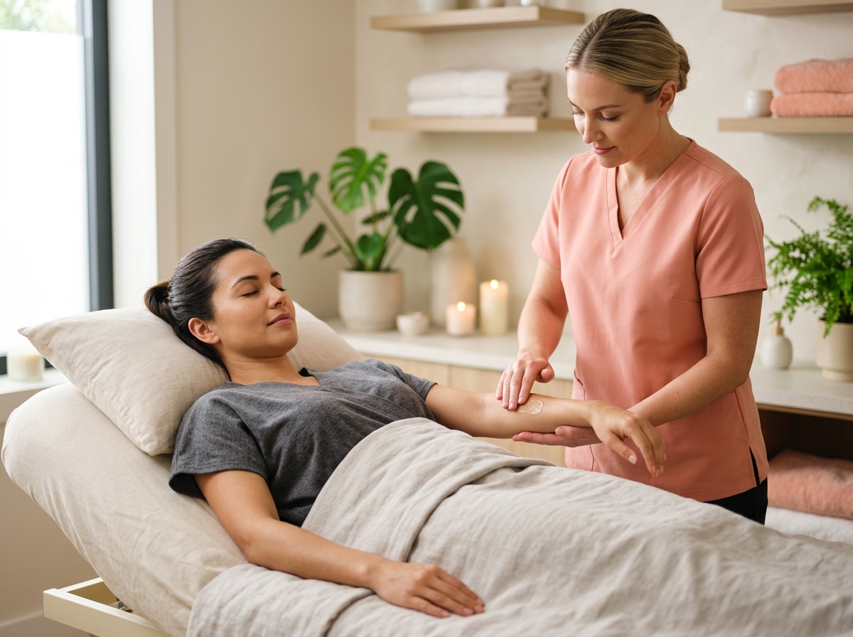 Client reclining calmly on spa treatment table while esthetician applies soothing post-hair-removal gel