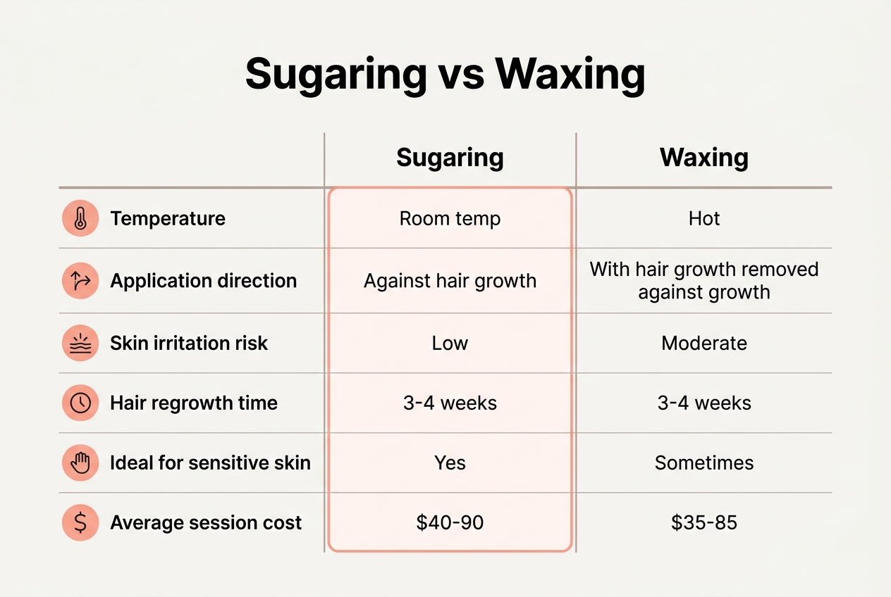 Infographic: Comparison table titled Sugaring vs Waxing