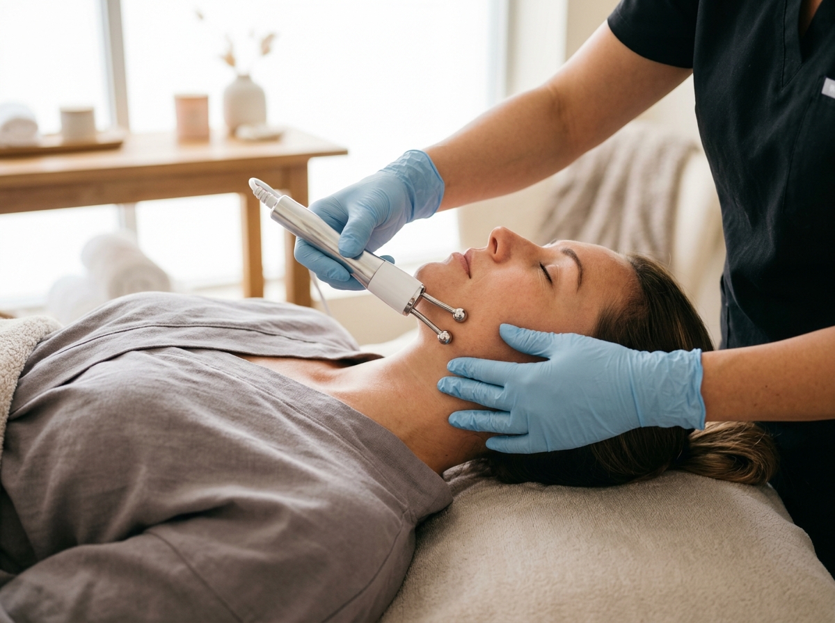 Close-up of gloved hands guiding a microcurrent wand along a client's jawline