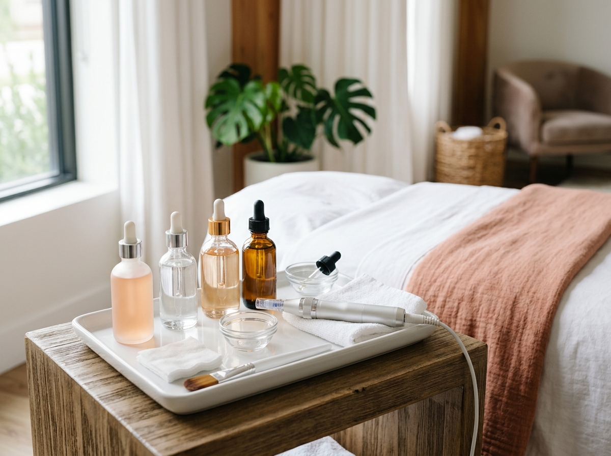 Tray of chemical peel solution bottles and microchanneling pen beside clean facial bed