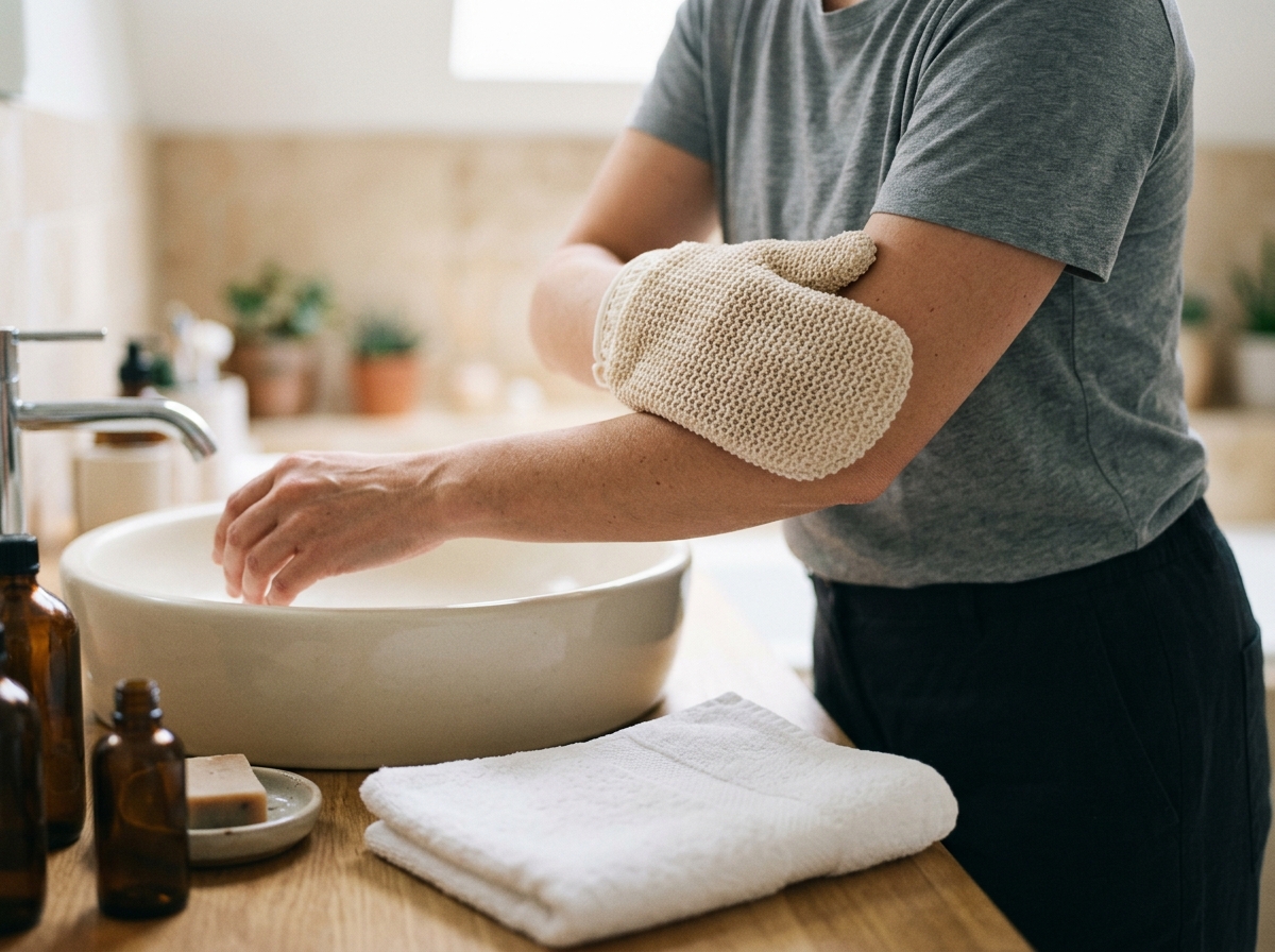 Hands gently exfoliating bikini-line skin with mitt at spa sink, folded white towels, unlabeled bottles