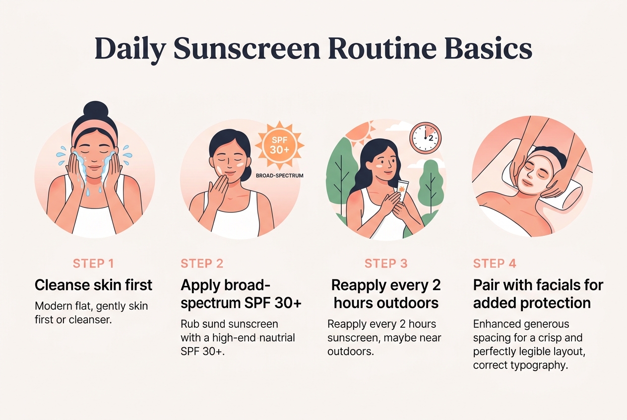 Infographic: 4-step flow titled 'Daily Sunscreen Routine Basics': 1) Cleanse skin first 2) Apply broad-spectrum SPF 30+ 3)