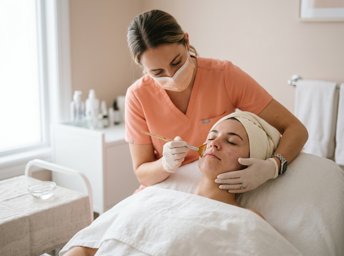 Esthetician applying chemical peel solution with brush to client's cheek in treatment room