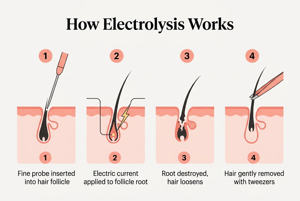 Infographic: 4-step process flow titled 'How Electrolysis Works': 1) Fine probe inserted into hair follicle 2) Electric