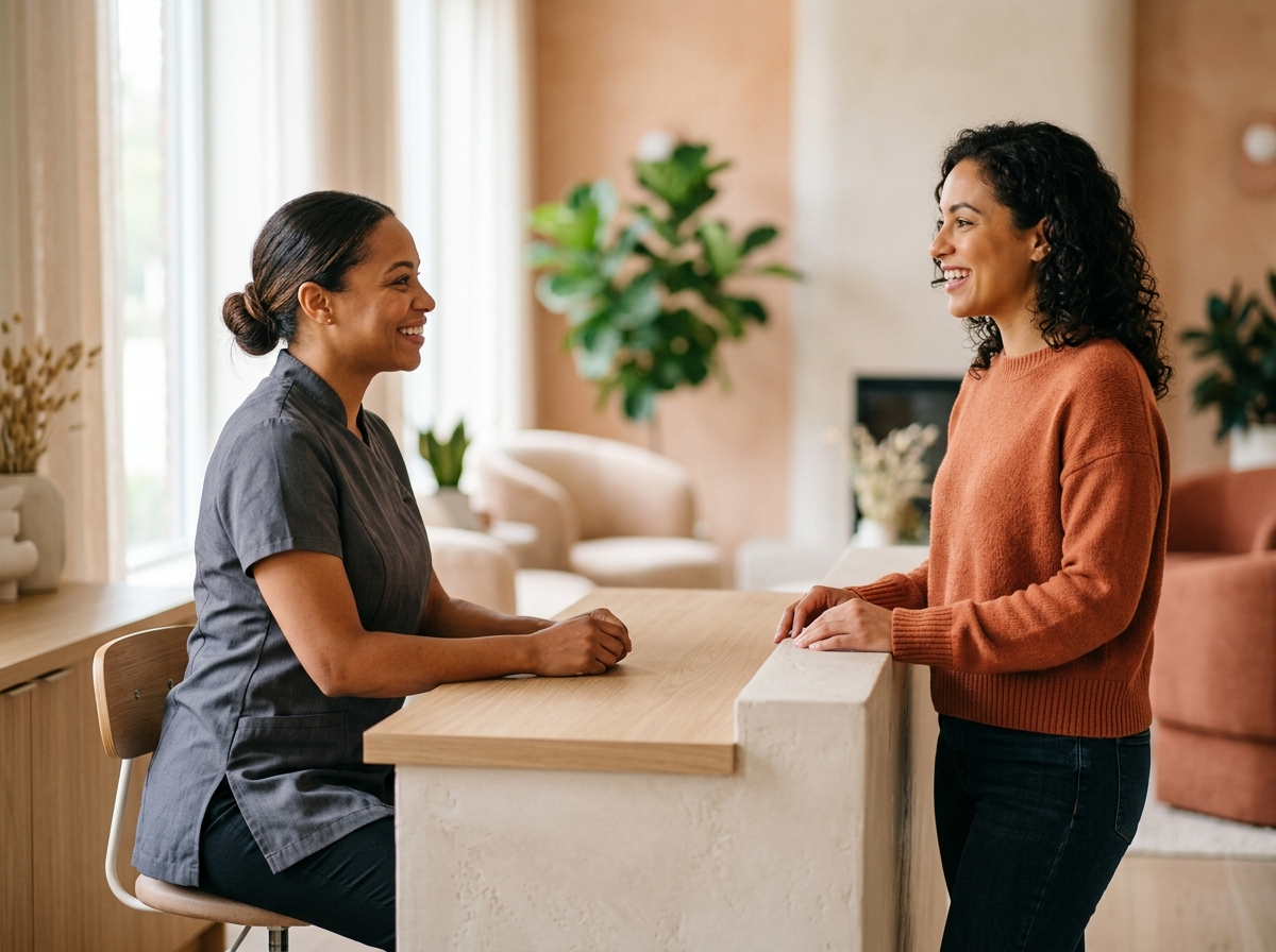 Smiling client with diverse skin tone consulting esthetician at spa reception desk, both fully clothed