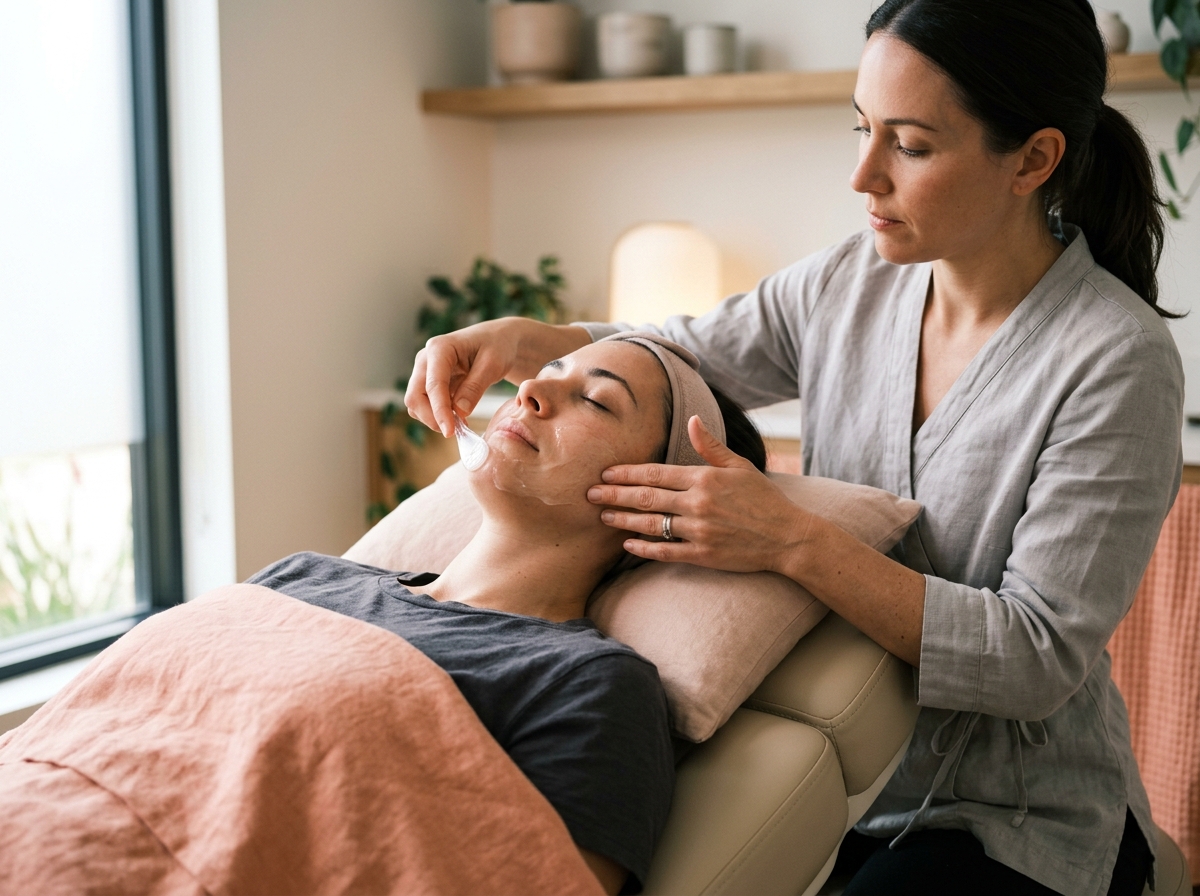 Close-up of client reclined comfortably in treatment chair, esthetician applying soothing gel post-session