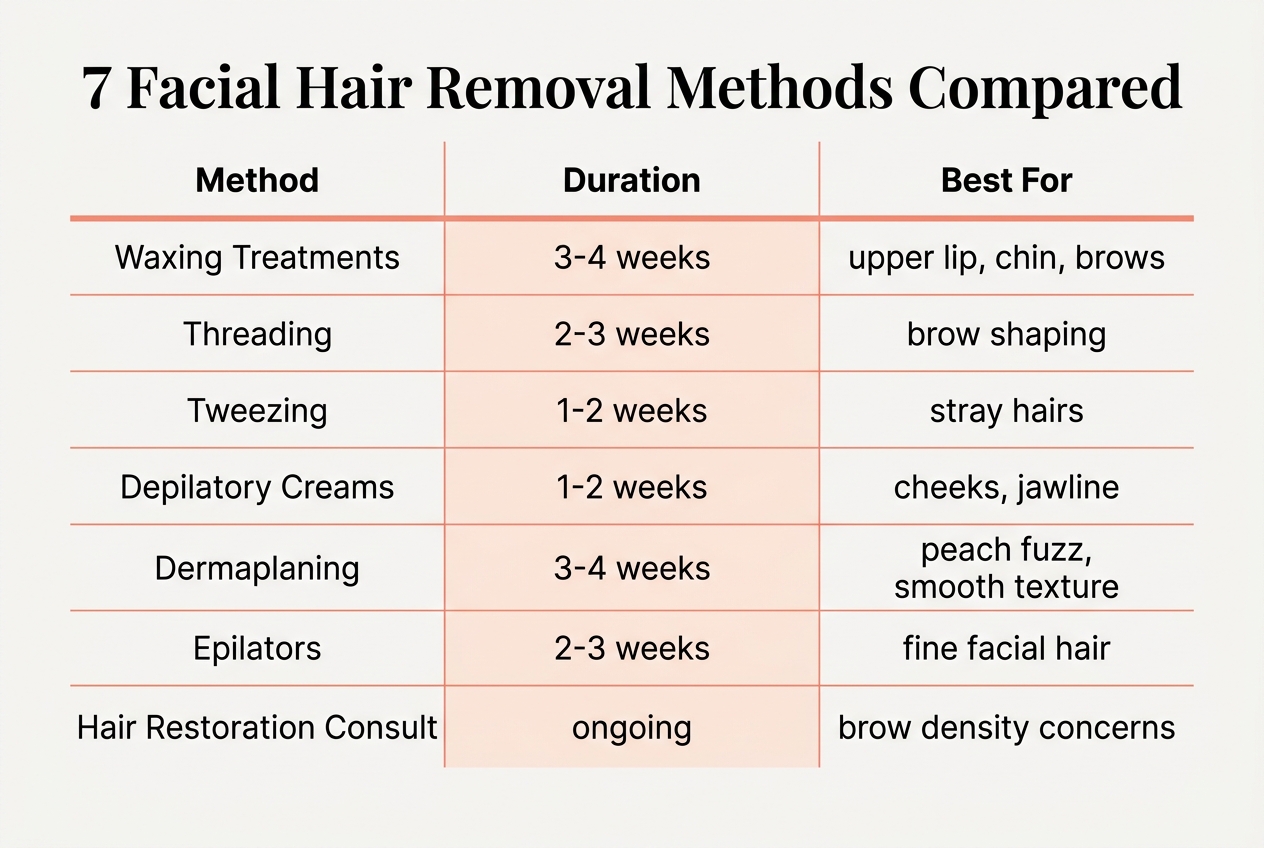 Infographic: Comparison table titled 7 Facial Hair Removal Methods Compared