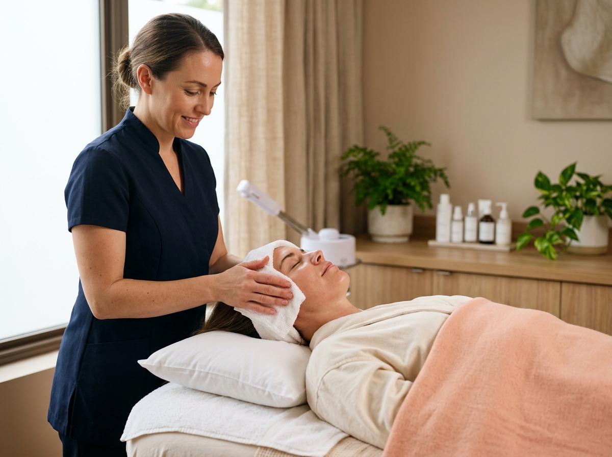 Esthetician gently cleanses client's face with warm towel before facial hair removal session