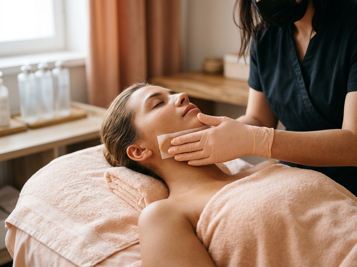 Close-up of esthetician's gloved hands applying warm wax strip along client's jawline