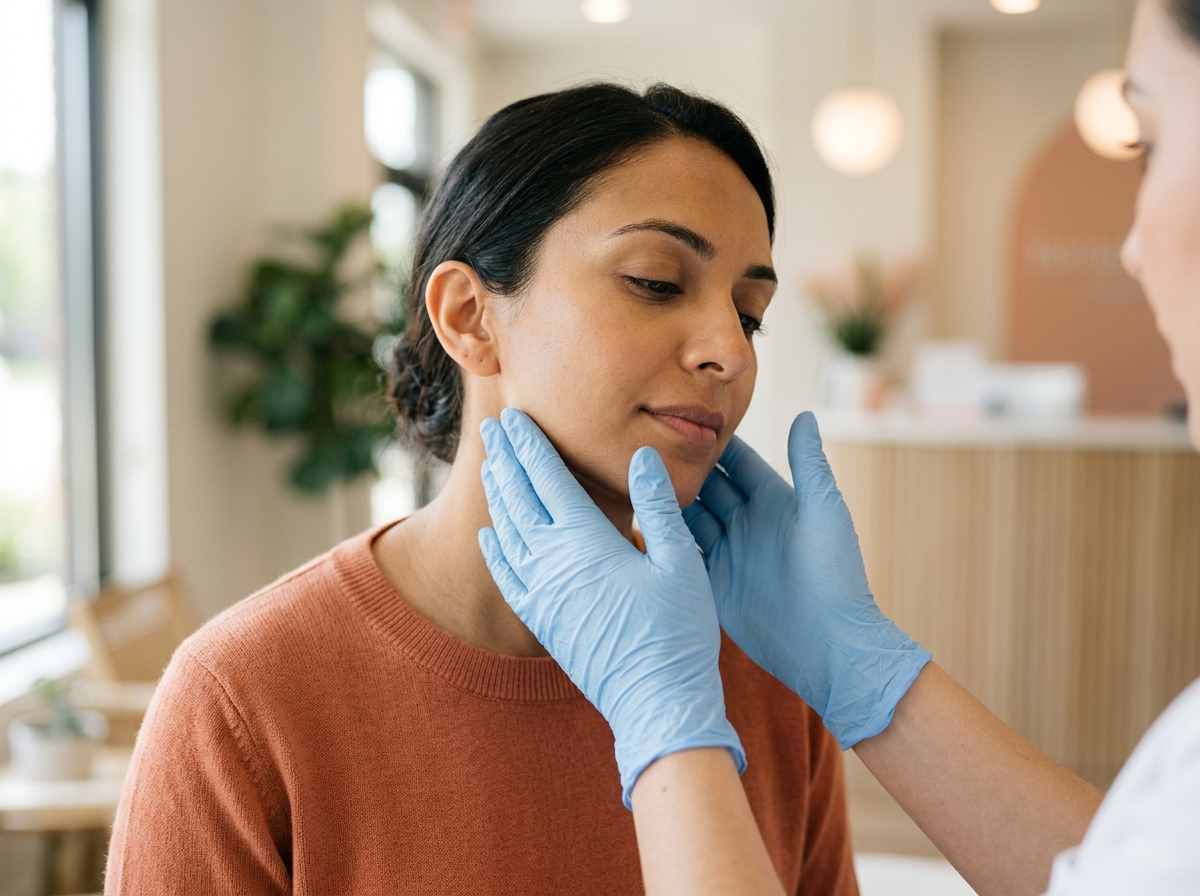 Close-up of gloved hands gently examining cheek and jawline contours during skin consultation